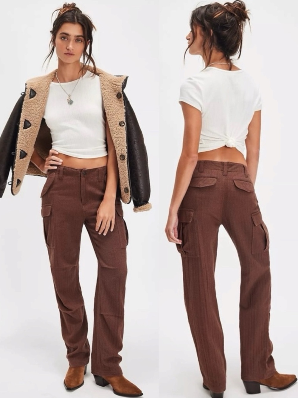 Free People Herringbone Textured Dark Academia Brown Cargo Pants Size 12 NWT